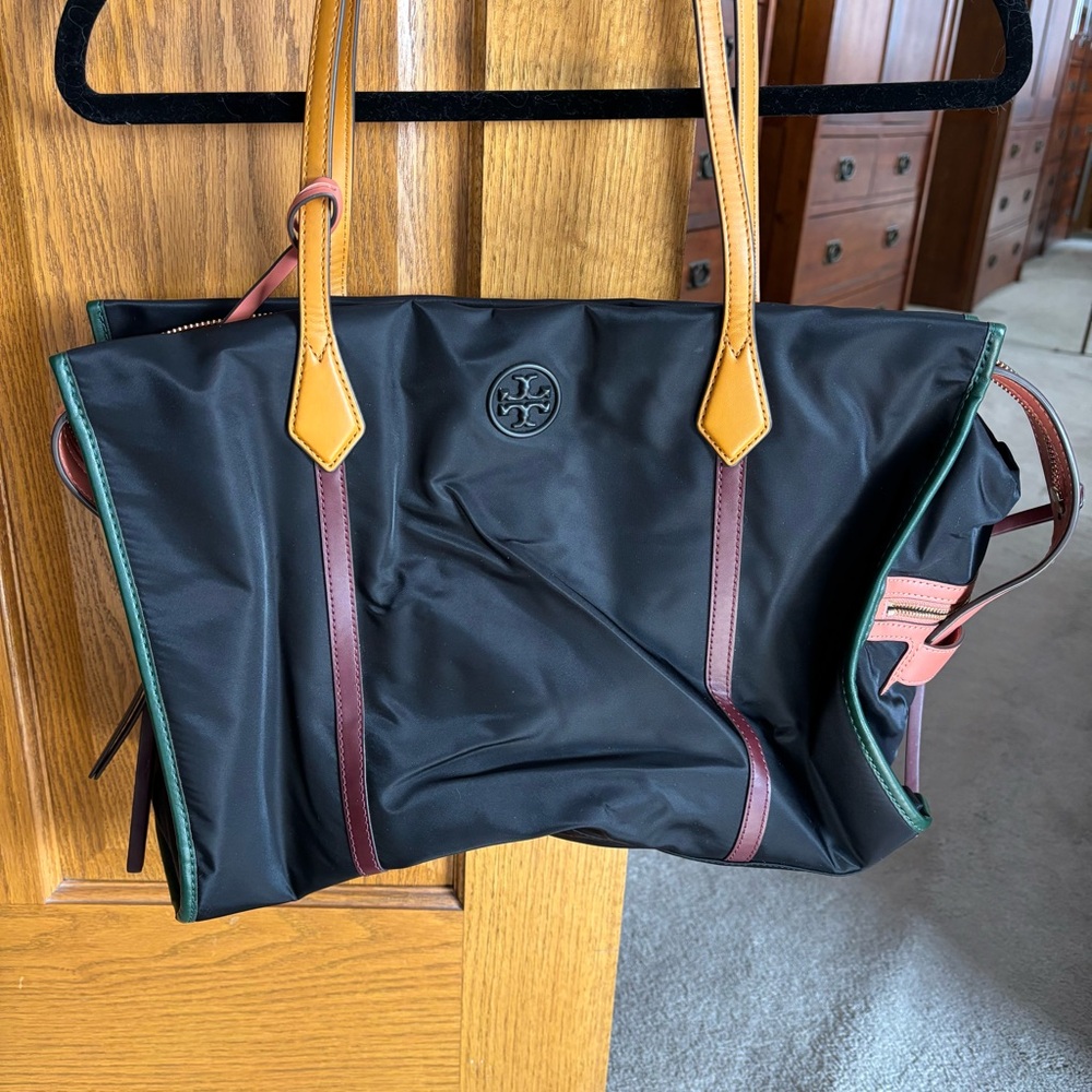 Tory Burch Black Nylon Tote Bag with Tan and Green Accents
